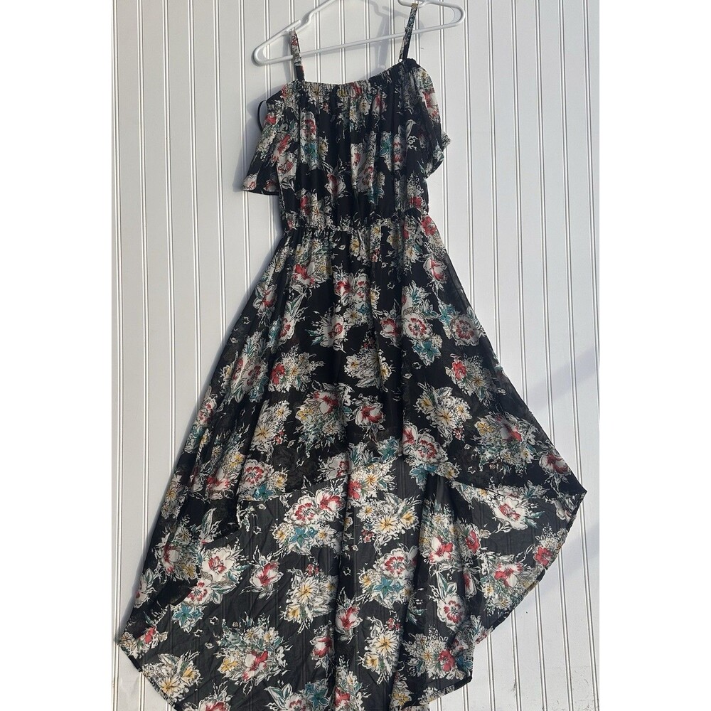As U Wish Women's Small Shear Black Floral Adj. Straps Off The Shoulder Dress